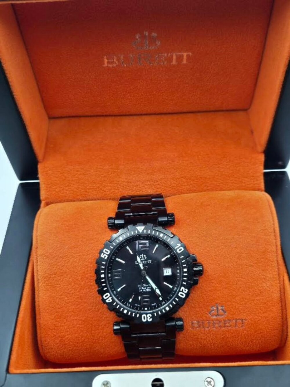 Burrett Swiss Men's Black 48mm Automatic 25 jewel Icon Watch